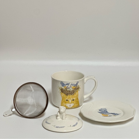 Creative Co-Op Cat Bird Nest Tea Mug Set Mary Lake-Thompson Infuser Dish - Picture 4 of 5